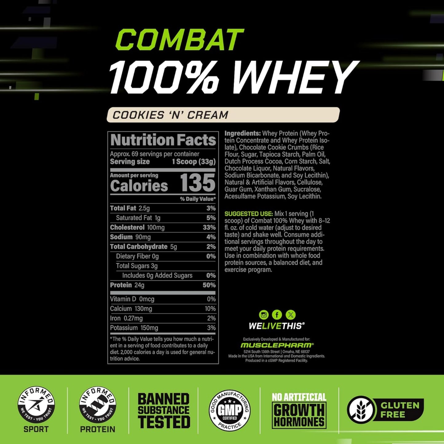 [Multiple Flavours] MusclePharm Combat 100% Whey Protein Powder