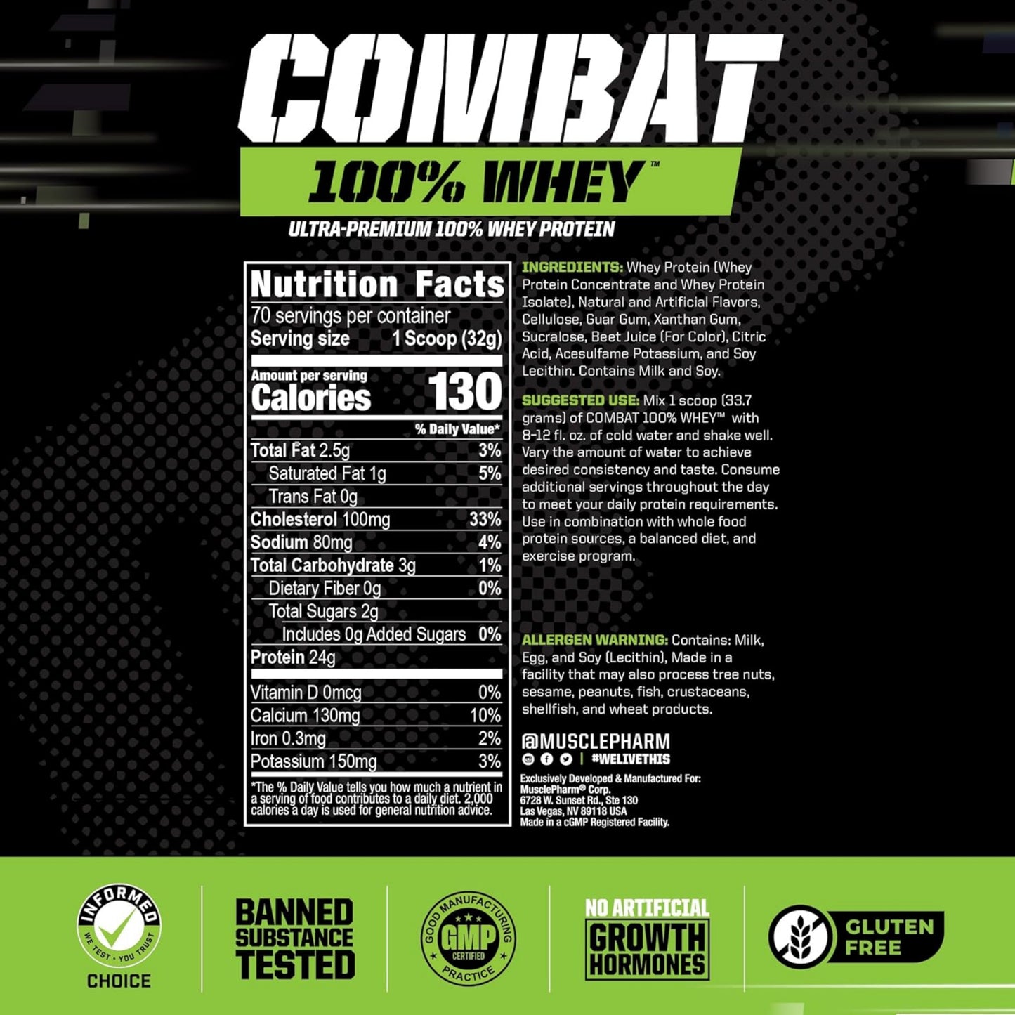 [Multiple Flavours] MusclePharm Combat 100% Whey Protein Powder