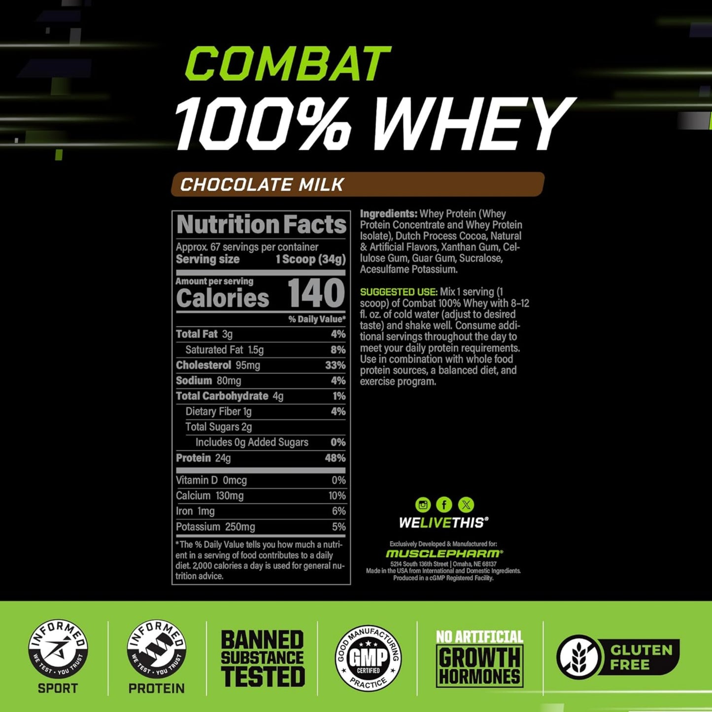 [Multiple Flavours] MusclePharm Combat 100% Whey Protein Powder