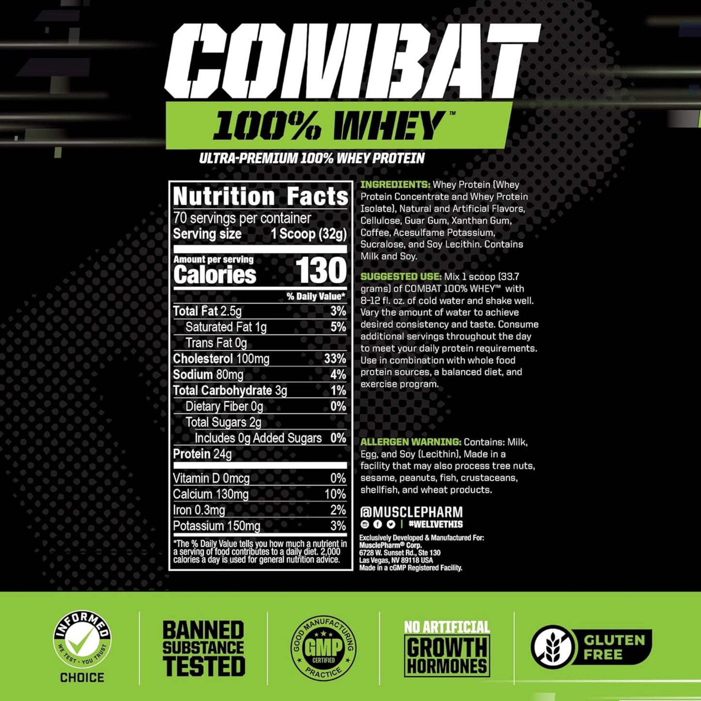 [Multiple Flavours] MusclePharm Combat 100% Whey Protein Powder